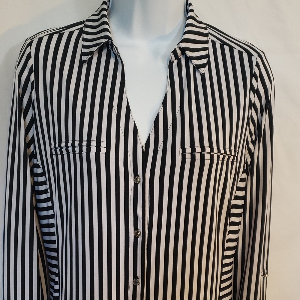 New York & Company Black and White Striped Blouse